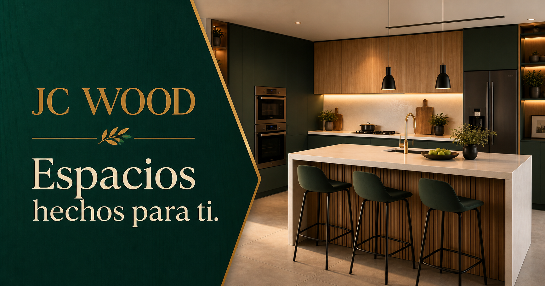 JC Wood — Espacios hechos para ti. Cocina modular contemporánea en tonos verde y madera.
